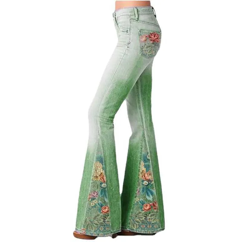 Spring New Fashion Jeans Gradient Flower Print Imitation Denim Bell Bottoms High Waist Long Pants Plus Size Women Trousers L