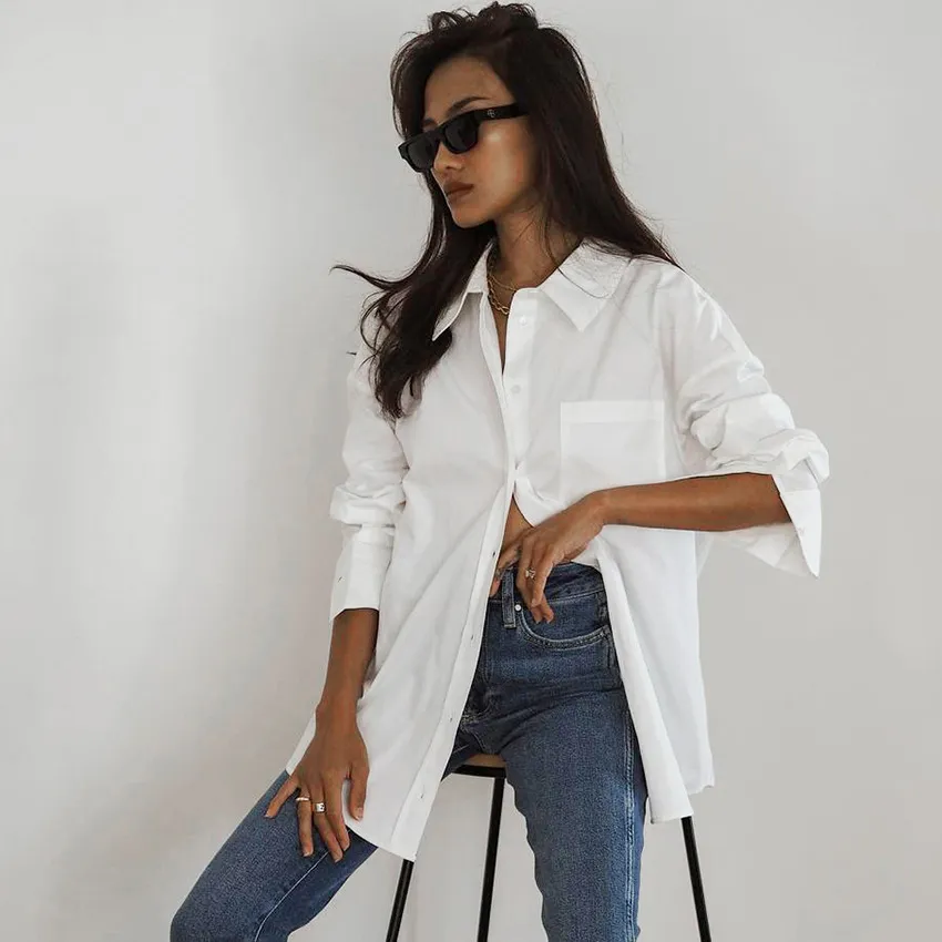 Chemisier à manches longues boutonné avec poche pour femme Chemisier à manches longues boutonné avec poche pour femme