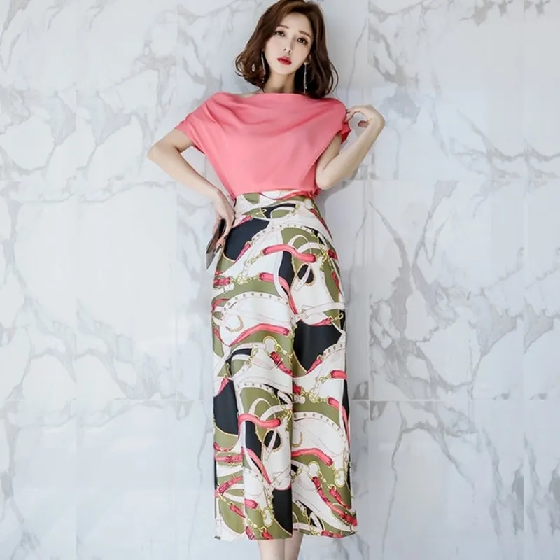 Kore Kadın Setleri Kadın Zarif 2 Parça Set Slash Boyun Kısa Kollu Katı Renk Üst T Gömlek + Yüksekliği Bel Baskı Uzun Etekler 210514