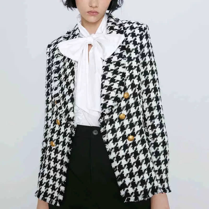 Blazer à double boutonnage élégant à pied-de-poule pour femmes, mode d'automne, manches longues, garnitures effilochées, vêtements d'extérieur chics à carreaux 210430