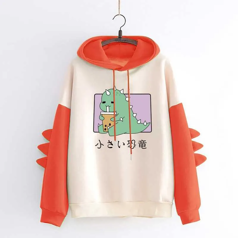 Kawaii Dinosaur Splice Print Dinosaur Hoodie Casual Long Sleeve
