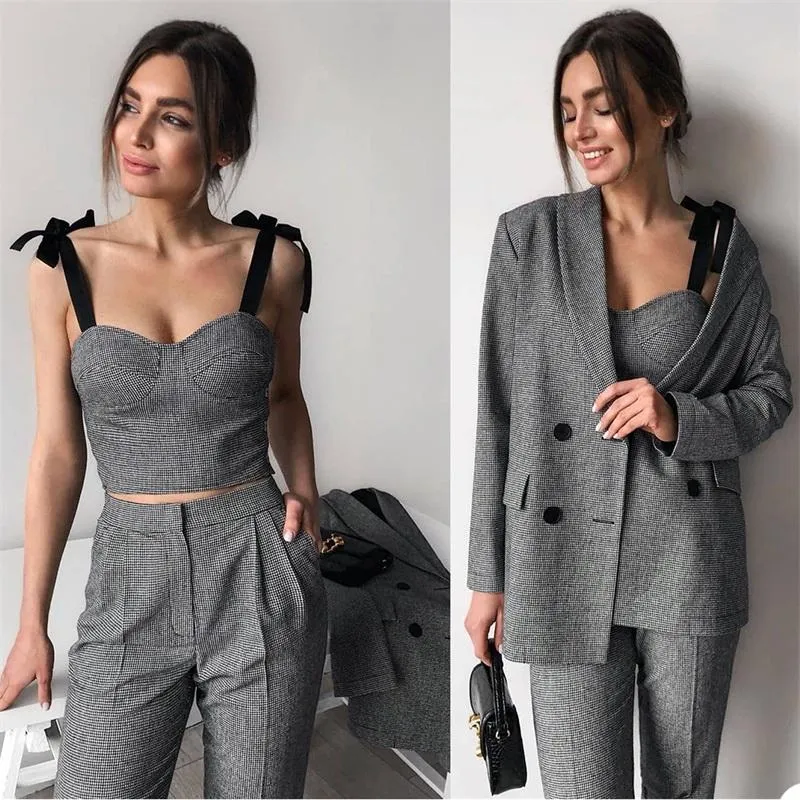 Costume Chic 3 pièces pour femmes, en coton de haute qualité, sur mesure, noir et blanc, mode formelle, bureau, deux pantalons pour femmes