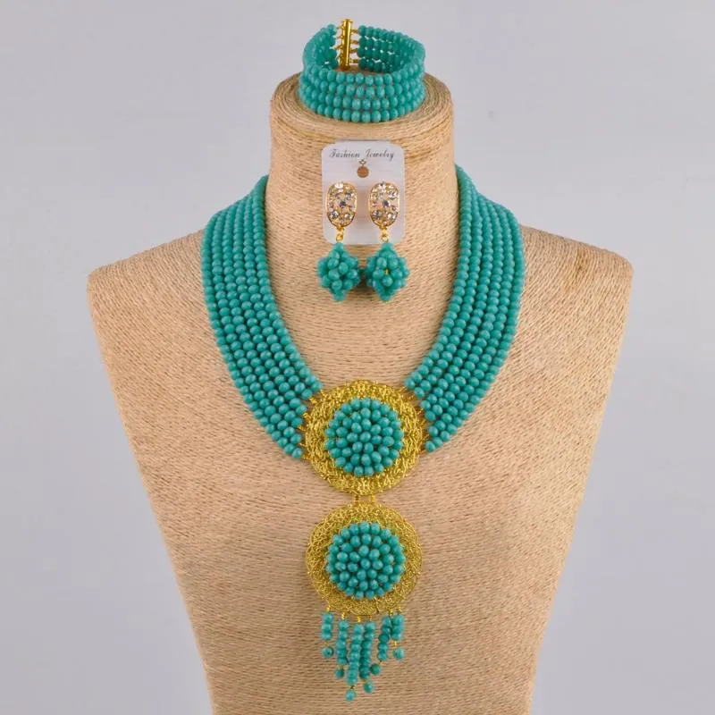 الأقراط قلادة أكوا الأزرق الأفريقي مجموعة مجوهرات كريستال النيجيري الزفاف للنساء 6CLS01