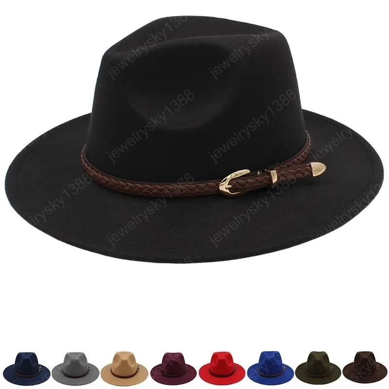 Outono inverno mulheres lãs sol chapéu cinto homens panamama fedora chapéus unisex largamente borda feltro bonés floppy cloche cap chapeau