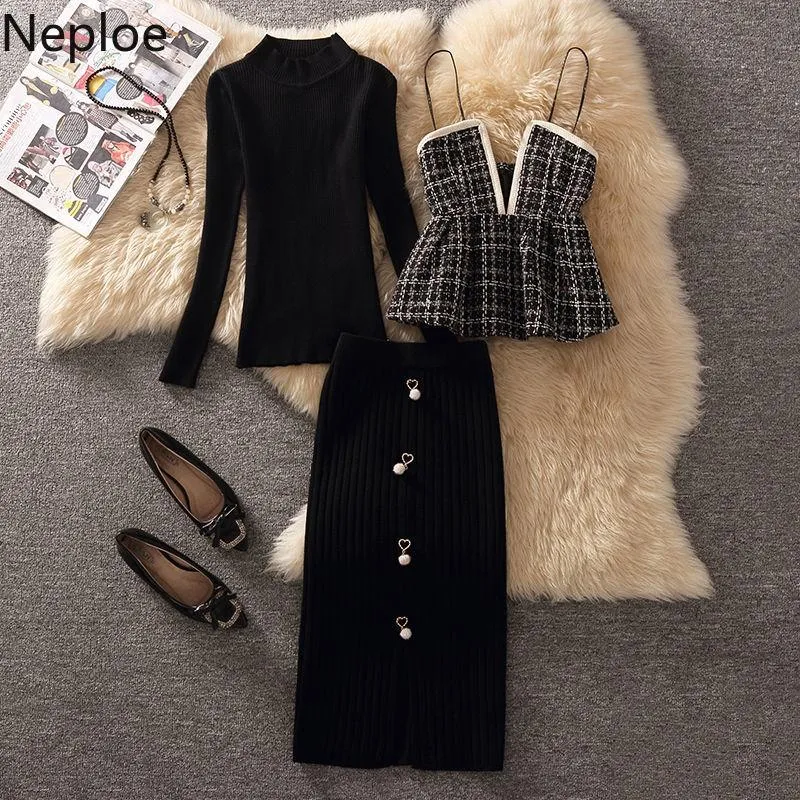 Arbetsklänningar NEPLOE Fashion 3 Piece Set Kvinnor Slim Pullover Stoppar Woolen Plaid Vest High Waist Bodycon Skirt Koreansk Knit Suit Femme Roupas