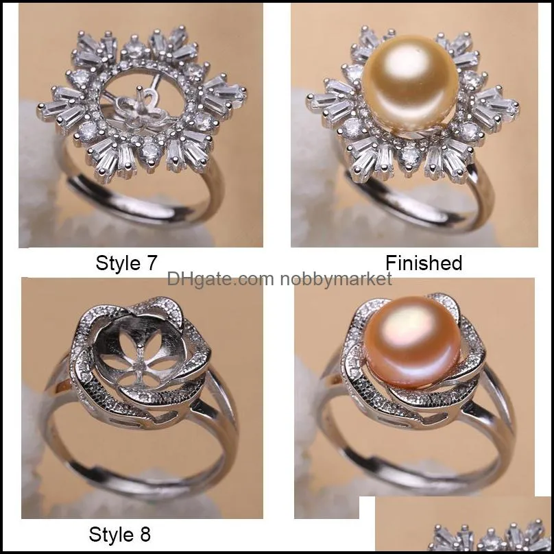 Shiny! 925 Silver DIY Pearl Ring Settings Shiny Zircon Ring for Women Girl Fashion Jewelry Ring For Adjustable Size Gift