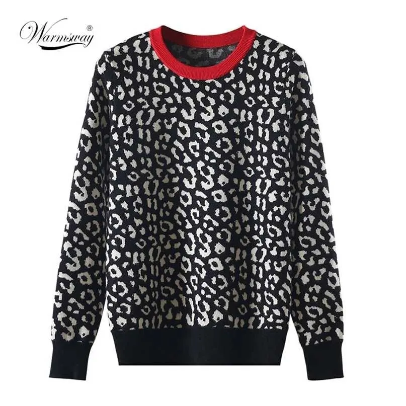 Осень зима женские свитера леопарда вязаные пуловеры с длинным рукавом контрастный цвет Crewneck Jumpers Sweter Mujer C- 026 211011