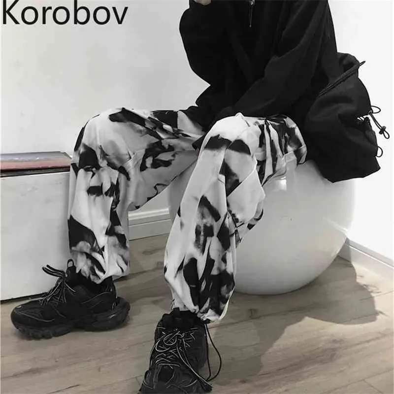 Korobov nouveauté taille haute solide femmes pantalons poches coréennes Cargo pantalon Vintage Harajuku femmes imprimer Joggers 210430