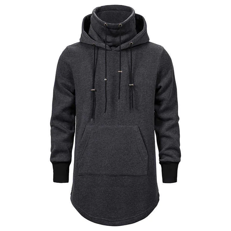 2020 Neue Männer Slim Long Abschnitt Hoher Kragen Mit Kapuze Sweatshirt Man Extend Abgerundeter Saum Solid Black Cotton Casual Pullover Hoodies Y0804