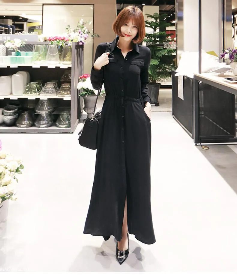 long shirt dress for women BLTIBY Cotton Linen Womens Pleated Button Dress Long Sleeve A-line Loose Swing Dress with Pockets Army Green L, Women's, Size This button Women Korean Long Shirt Dresses