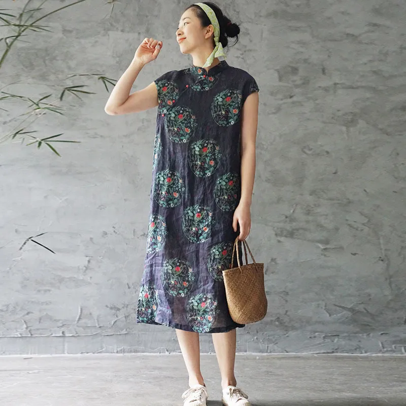ジョニー教徒の女性中華風レトロプリントスタンドボタンコットンリネンドレス夏のシンプルな快適な女性ファッションドレス210521
