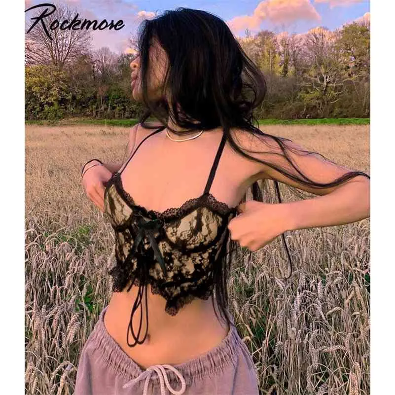 Rockmore Dentelle Y2K Esthétique Crop Tops Femmes Sans Manches Débardeur Bow Zipper Corset Tee Vintage Gothique Camis 90s Streetwear Été 210401