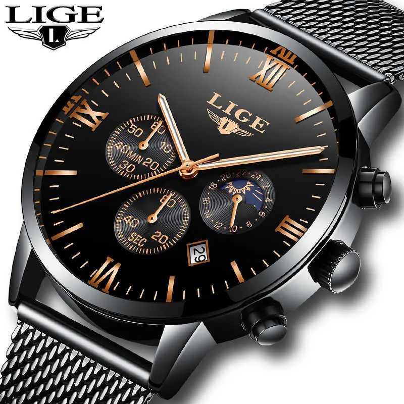 Lige Men Watches Top Brand Роскошный хронограф Спортивные часы Мужчины Военные Водонепроницаемые Полная стальная Кварцевые Часы Мужской Relogio Masculino 210527