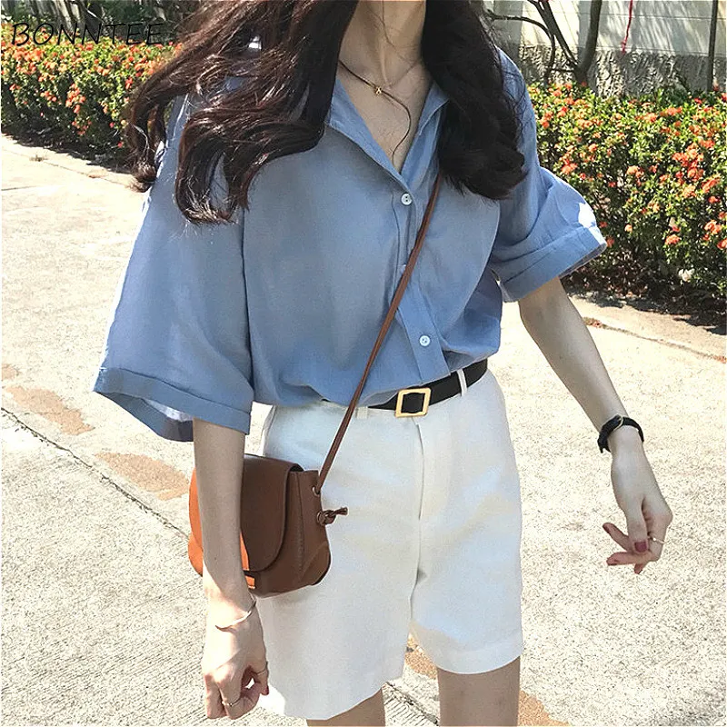 ブラウスシャツの女性夏全体の試合ソリッドフレッシュ原宿カジュアルルーズ薄型ビンテージファッションシンプルレディースガールズシックスタイリッシュX0521