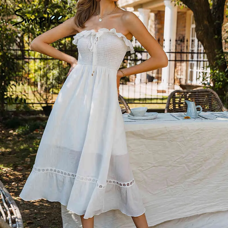Sunmmer Bianco senza spalline somcking Chic increspato vestito sexy scollato Casual beatch abiti eleganti da donna 210414
