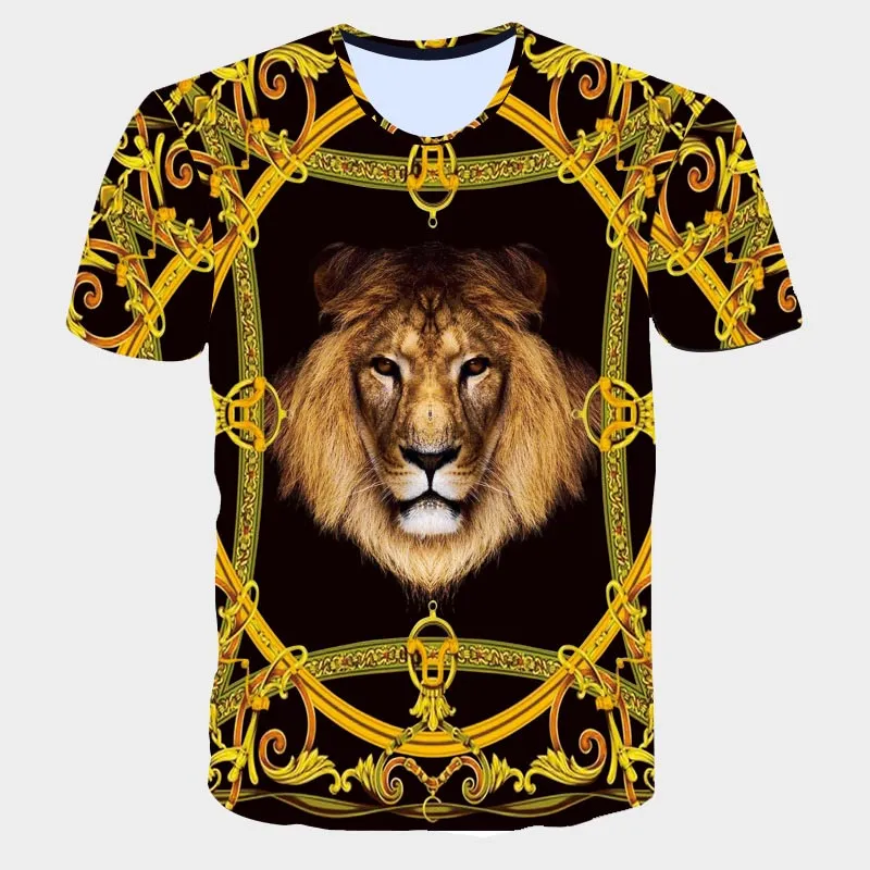 Mens Fashion Graphic T Shirt with Lion Printing 3D Digital Golden Geometric Pattern Tees Boys Hiphop Tops for Wholesale Beach Clothes