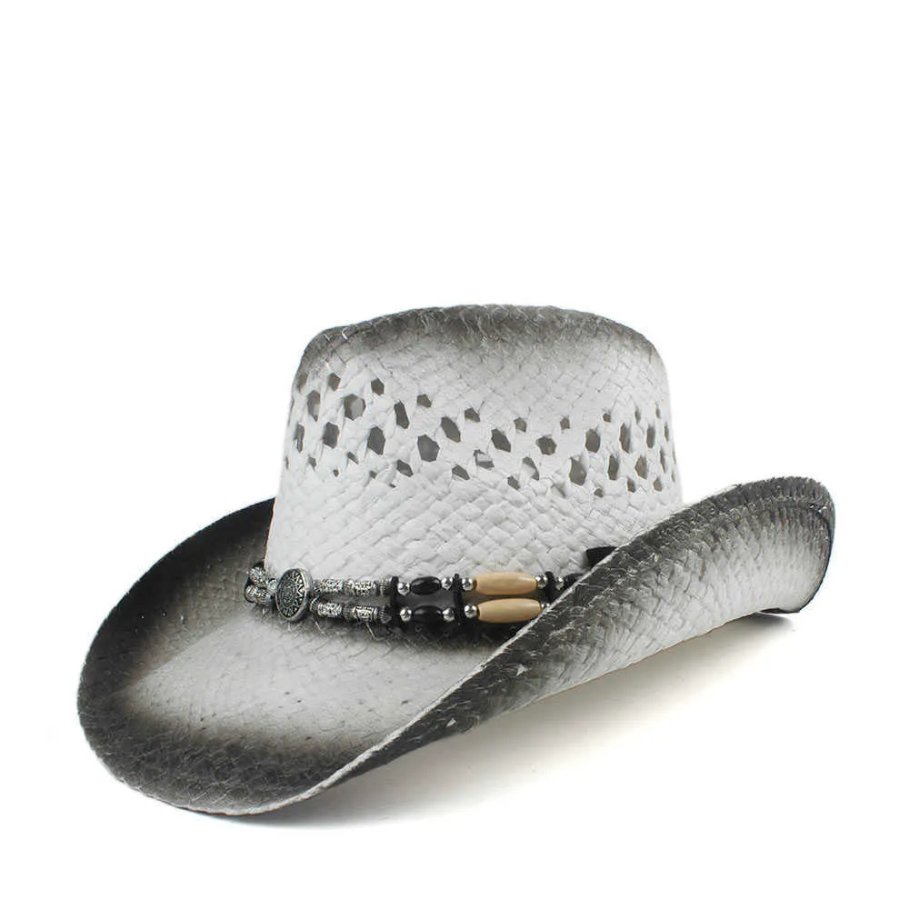 Retro fatto a mano tessuto di paglia donna uomo hollow cappello da cowboy occidentale lady papà sombrero hombre cowgirl jazz cappellini da sole taglia 56-58 cm q0805