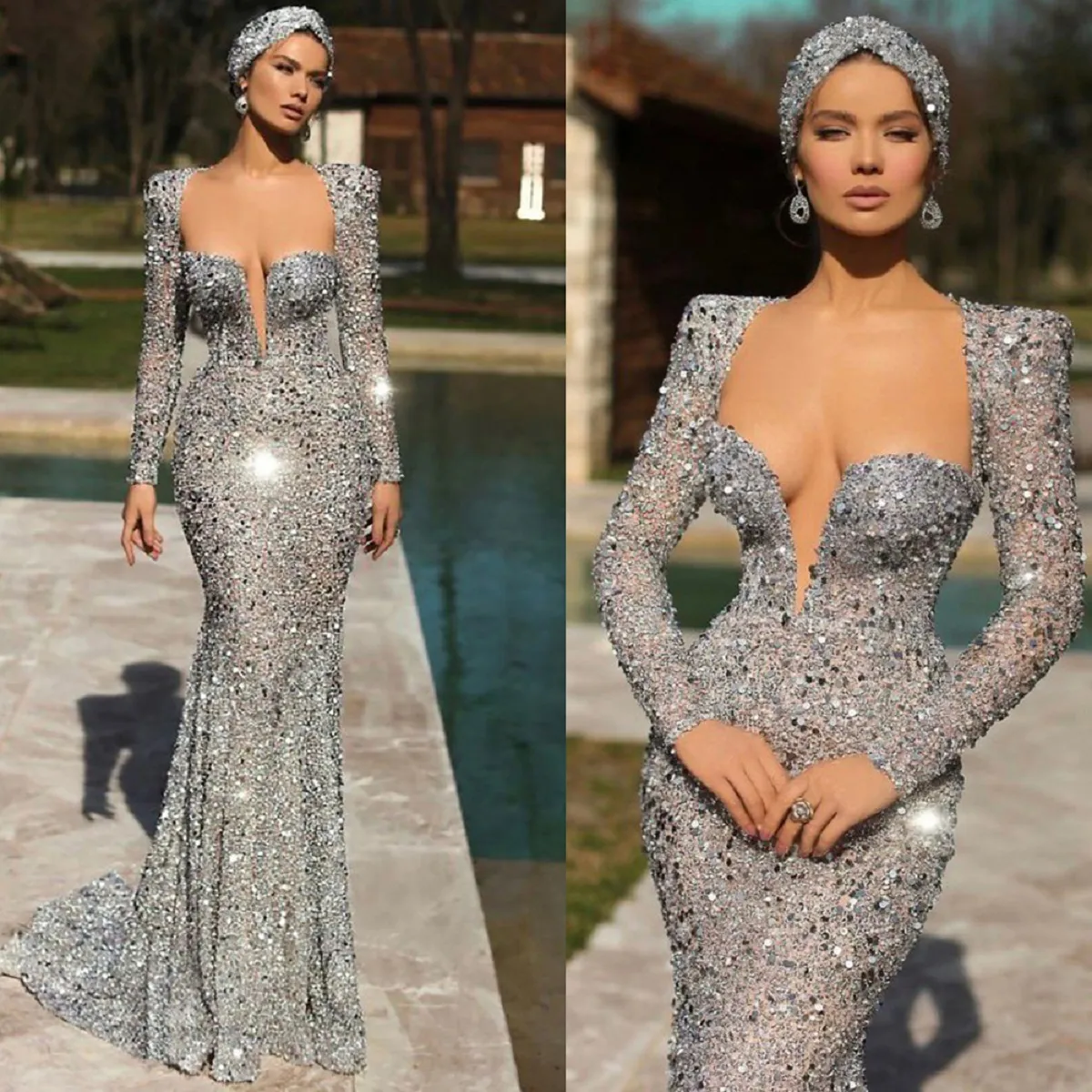 Luxury Shiny Evening Dresses Long Sleeve Appliqued Beaded Mermaid Prom Dress Sweep Train Custom Made Formal Party Gowns