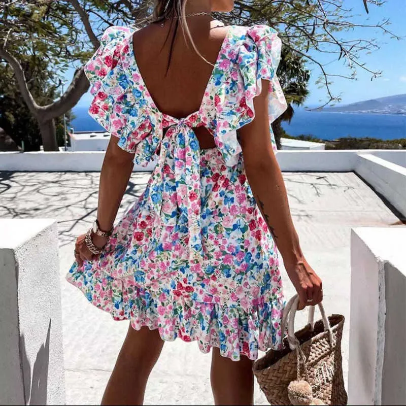 Summer Women's Dress Boho Ruffle Square Collar Butterfly Sleeve Floral Print Dresses A Line Back Lace-up Beach Party Dress 210712