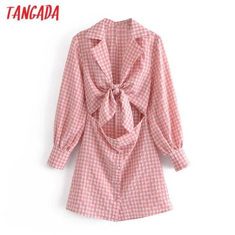 Tangada Mode Vrouwen Plaid Print Cut-Out Jurk Aankomst Lange Mouw Dames Mini Robe JE03 210609