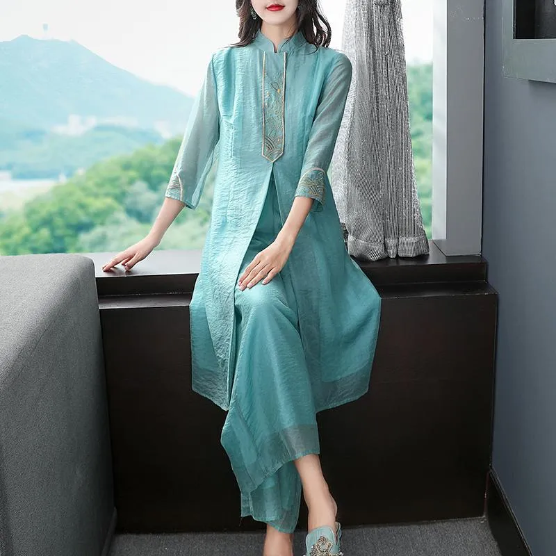 Лето 2 штуки китайские старинные наборы высокого качества довольно улучшенные Qipao Top + брюки свободные вышивки женские Cheongsam два части платье