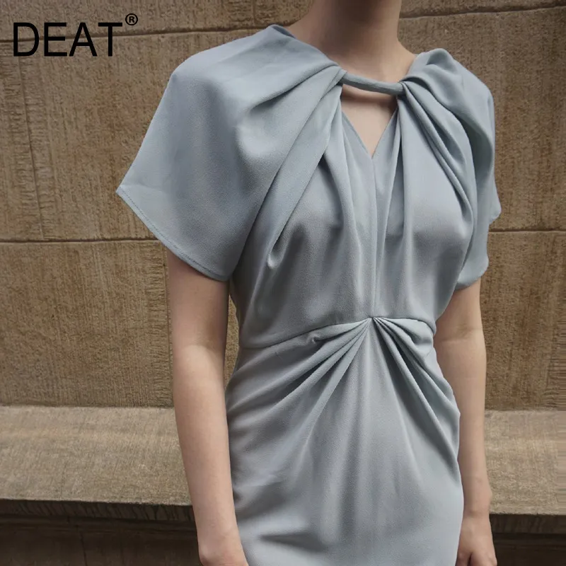 Asymmetrical Collar Solid Color Short Sleeve Temperament Neckline Twist Dresses For Women Elegant Summer GX668 210421