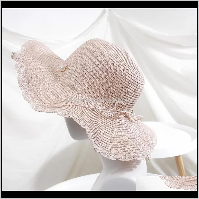 straw hat female summer along pearl bow knot big brim hat korean travel beach sunscreen fashion hats for women