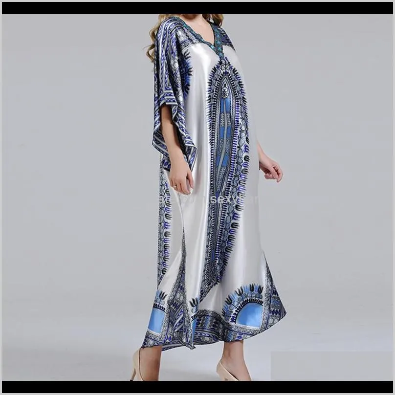 dresses for women african clothing bohe style v-neck loose pullover blue pattern printed for daily casual dress dashiki