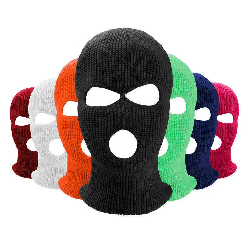 Full Face Cover Mask Três 3 Furos Balaclava Malha Chapéu Exército Tático CS Winter Ski Ciclismo Máscara Máscara Beanie Beanie Hat Cachecol Quente Y21111