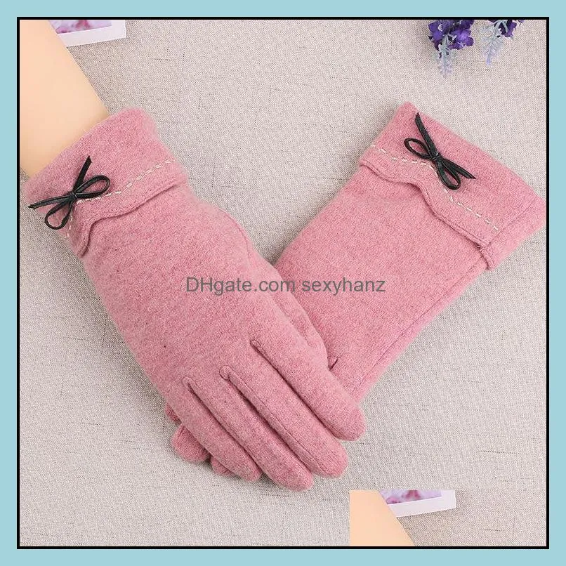 2020 Fashion Winter Female Wool Touch Screen Gloves Women Warm Cashmere Full Finger Leather Bow Dotted Driving Gloves Mittens1