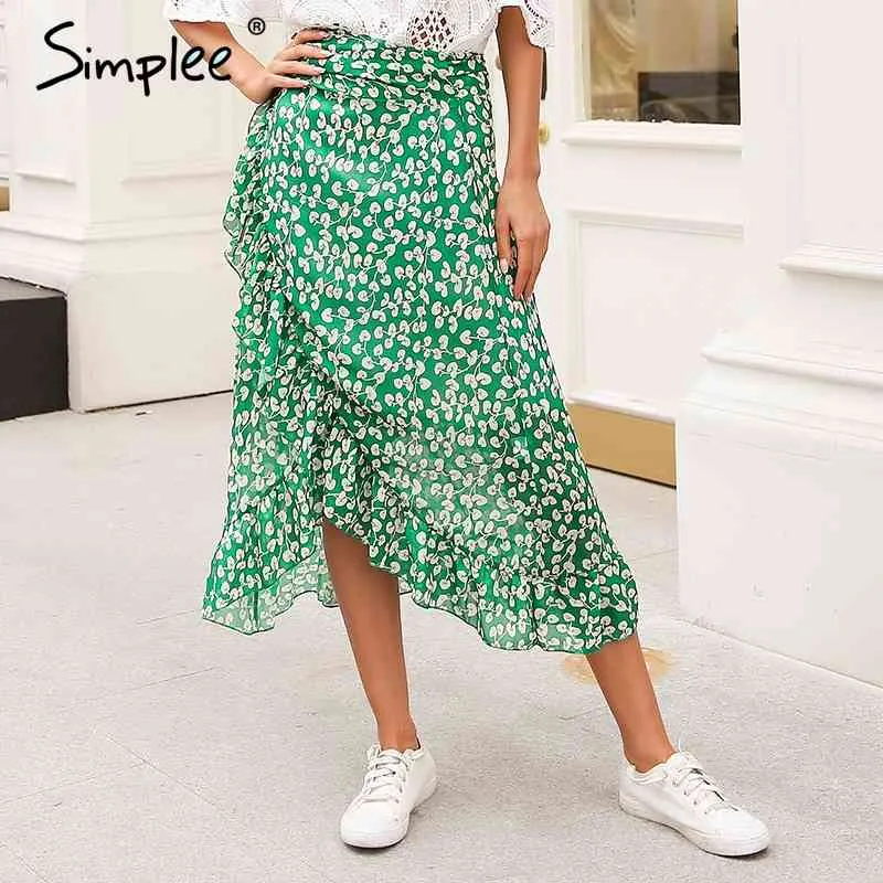 Ruffle leaf print wrap femmes Sash tie up plage été asymétrique taille haute streetwear jupe longue femme 210414