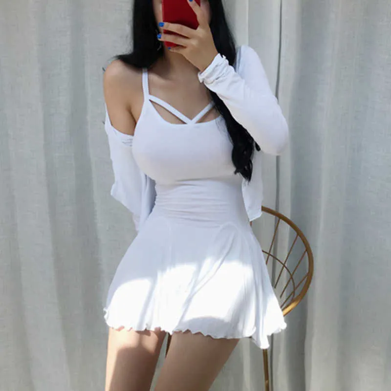 Womengaga Sexy Asia Korea Big Bust v Neck Full Tops T-Shrit + Cotton Fold Ruffle Feminine Mini Tank Dress Set Women 5u6e 210603