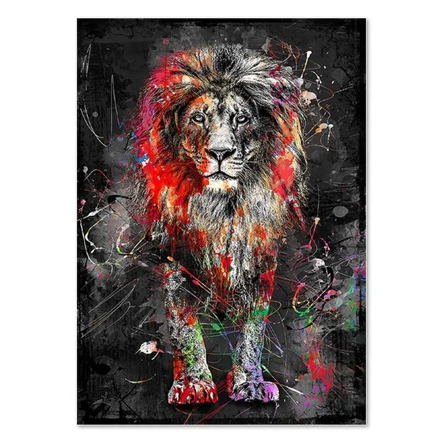 カラフルなライオングラフィティキャンバス絵画抽象的な動物の壁アート