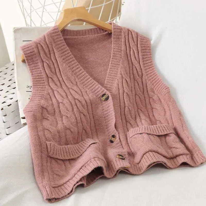 Autumn Spring V-Col V-Couleur Pull Sweater Vest Femme Twist Pocket Cardigan Sans Manches 210531