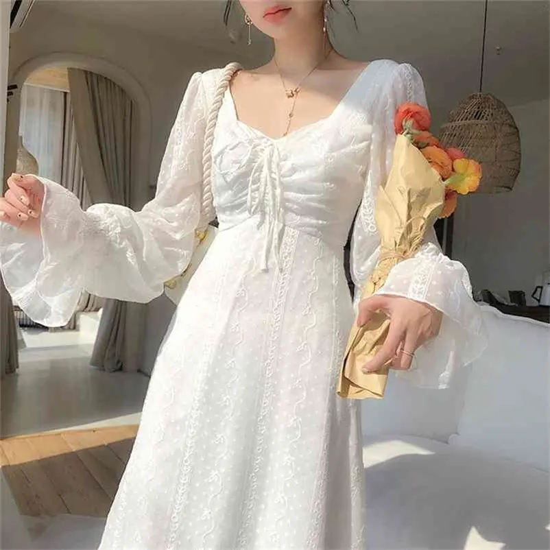 Vintage Vestido Fadas Mulheres Elegante Designer Chiffon Dress Manga Longa Festa Francesa Midi Vestido Casual Roupas Mulheres Outono 210806