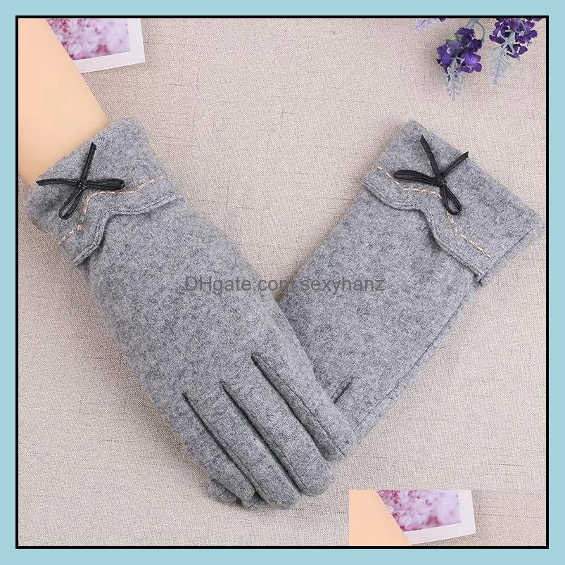 2020 Fashion Winter Female Wool Touch Screen Gloves Women Warm Cashmere Full Finger Leather Bow Dotted Driving Gloves Mittens1