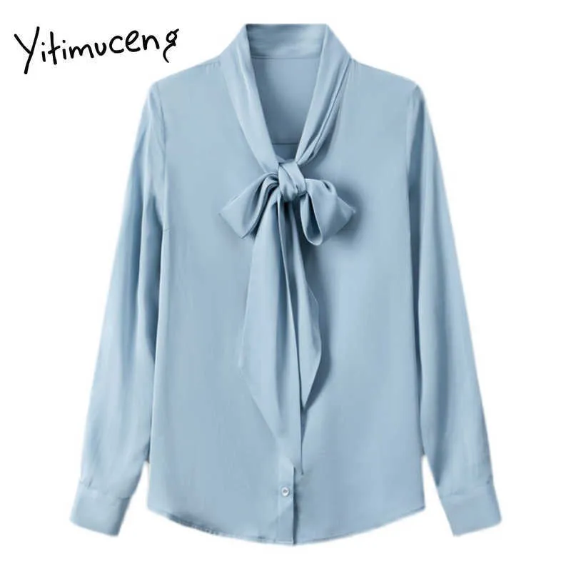 Yitimuceng Bow Slips Blueshirt och Blus kontor Lady Top Chiffon Kvinnor Långärmad Elegant Mode Casual Button Up T Shirts Spring 210601