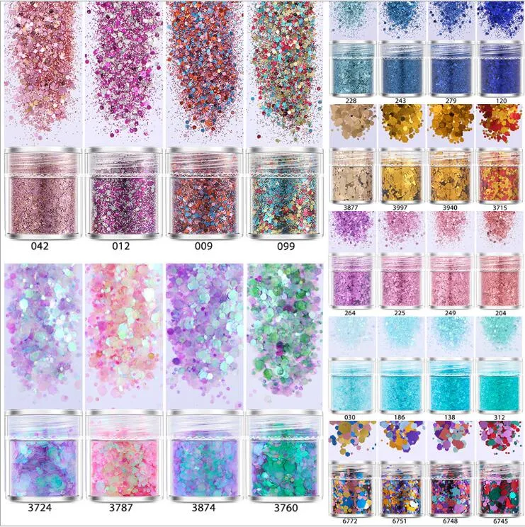 40 stilar 10 ml / burk 3D Nail Art Sequins Nailpolish Glitter Pulver Makeup Dekorationer Holografisk effekt