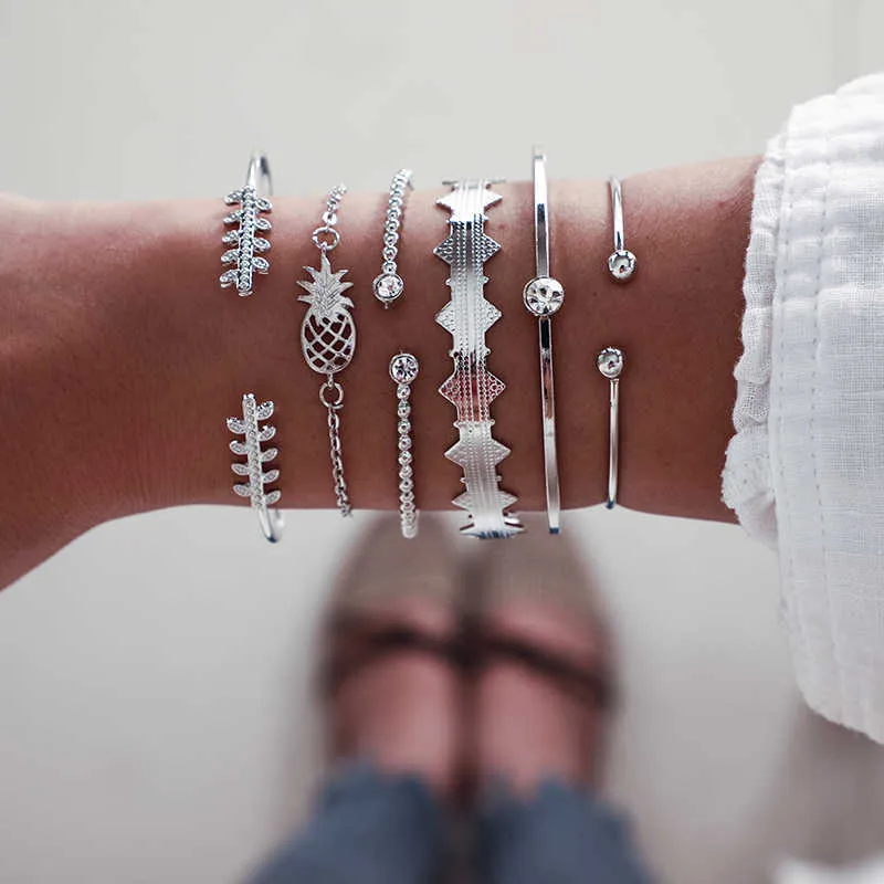 Tocona 6 pièces/ensemble bracelets pour femmes menottes laisser ananas géométrie clair cristal pierre bracelet bijoux en gros 8197 Q0719