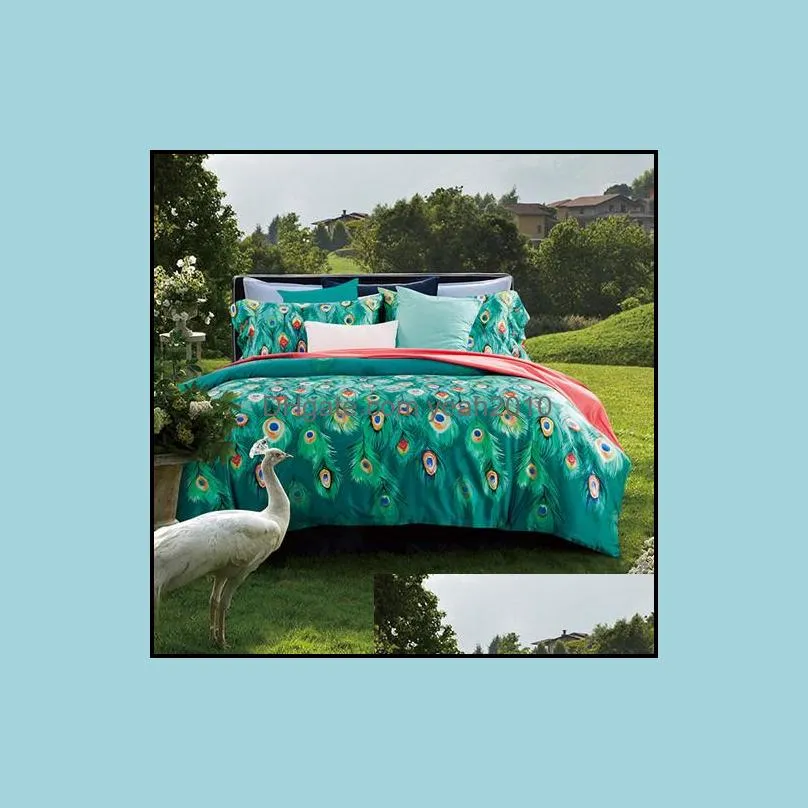 60S cotton bed linen green white satin bedding set/bedspread queen king size Peacock duvet cover sheet set 4pcs