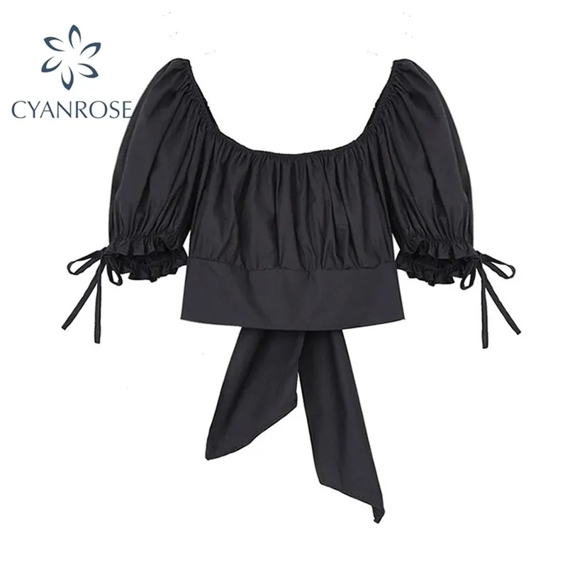 Summer Sweet Back Big Bow Bandage Black Blouses Women Stylish Elegant Lace Up Shirt Ladies Streetwear Design Blusas 210515