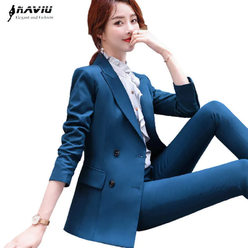 Blue Suit Spring High End Temperament Formele Buiness Slanke Blazer Aand Broek Kantoor Dames Mode Werk Slijtage 210604
