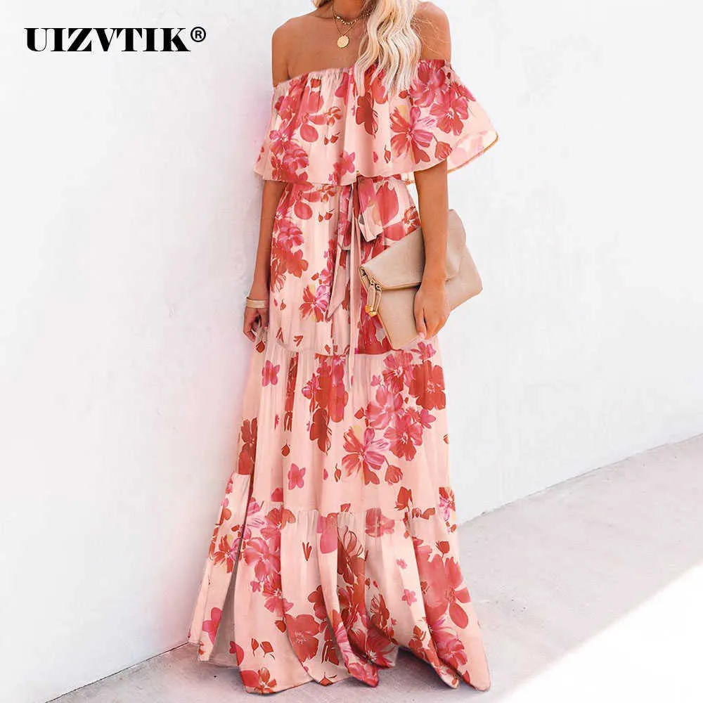 Été DrWomen 2021 décontracté Sexy StraplBoho plage longue fête DrLoose imprimé fleuri dégradé robe de bal Maxi robes X0621