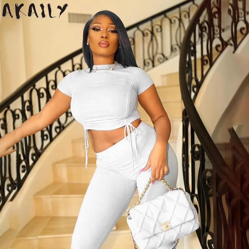 Akaily Summer Sexy Crop Top White Bandage 2 Tweede stuk shorts Sets dames streetwear bodycon high taille fitness vrouwelijke tracksuits damespan