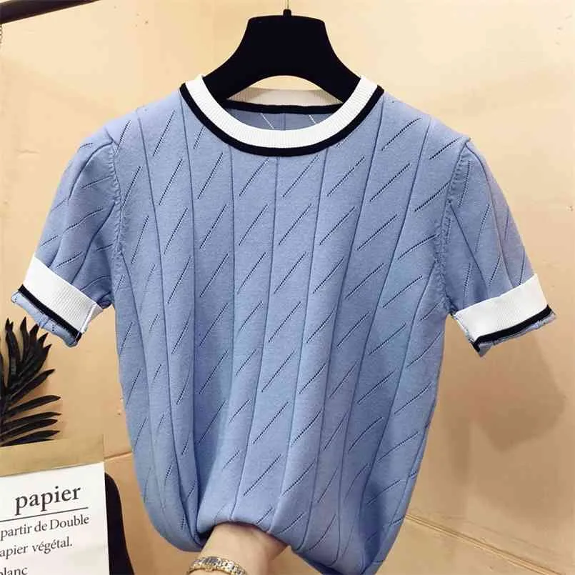 summer arrival short sleeve o-neck patchwork sweater women fresh cute loose knitted pullover Modis tops 210810