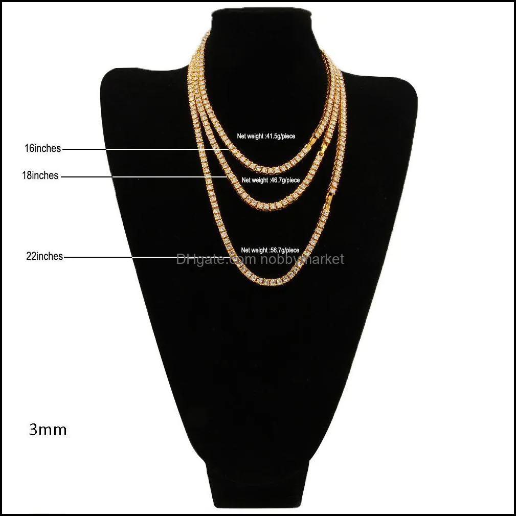Mens Hip Hop Iced Out Tennis Chains Bling Luxurious Jewelry Sterling Silver 1 Row 3mm 4mm Diamond Necklace Fashion 16/18/20/24 inch Gold Chain