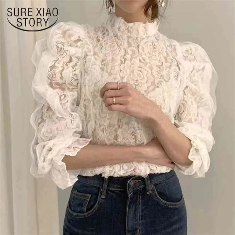 Standı Yaka Kazak Giyim Moda Kore Tarzı Bluz Kadın Ofis Bayan Zarif Katı Dantel Tops Blusas 12511 210415