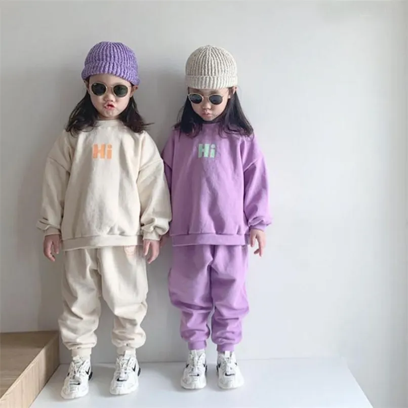 Bebek Pamuk Kazak Giyim Setleri Çocuk Erkek Kız Yaz Sonbahar Gevşek Eşofman Kazaklar Tops + Pantolon 2 Adet Setleri Çocuk Giysileri 211020
