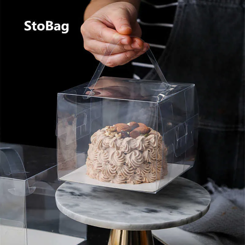 Stobag 10st CLEAR CAKE BOX BOX Portable Transparent Baking Pastry Ostkaka Förpackningsboxar För Födelsedagstårta Dekorera Tillbehör 210602