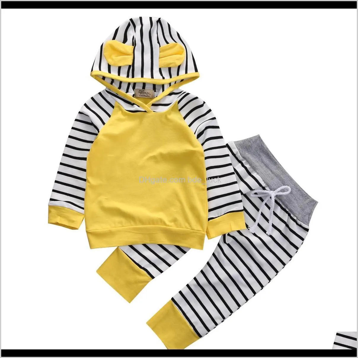 Sets Baby, Kids Maternity2pcs Baby Jongens Meisjes Sport Herfst Geel Katoen Lange Mouw Hooded Sweatshirt Top + Lange Gestreepte Broek Outfits CLO